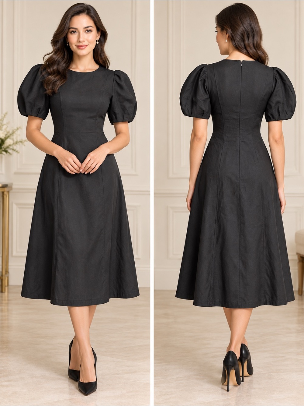NWT Zara Black Linen Blend Puff Sleeve Midi Dress Extra Small XS Flaw